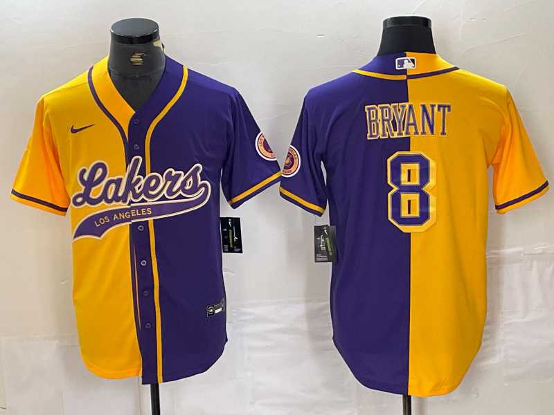 Men%27s Los Angeles Lakers #8 Kobe Bryant Gold Purple Split Stitched Baseball Jersey->los angeles lakers->NBA Jersey